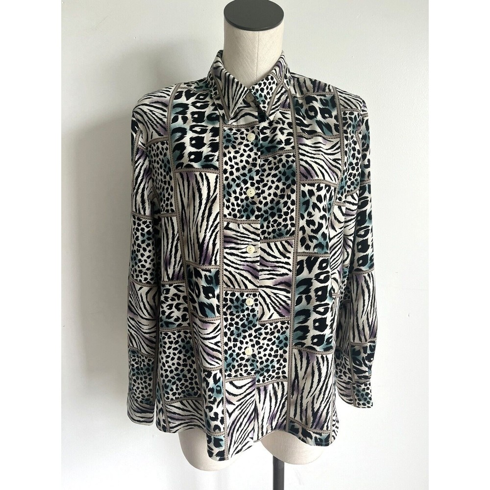 Alfred Dunner Animal Print Down Long Sleeve Blouse Shirt Size 16P